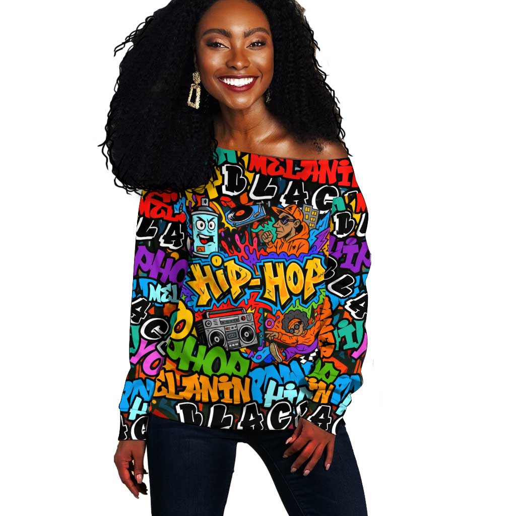 Hip Hop Graffiti African Off Shoulder Sweater Black Melanin Text and Urban Street Art - African Pride