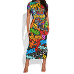 Hip Hop Graffiti African Short Sleeve Bodycon Dress Black Melanin Text and Urban Street Art - African Pride