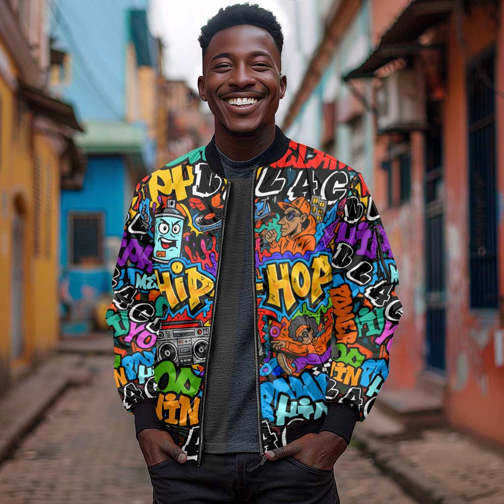 Hip Hop Graffiti African Sleeve Zip Bomber Jacket Black Melanin Text and Urban Street Art - African Pride
