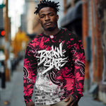 Hip Hop Graffiti Design Long Sleeve Shirt Sitting Hooded Figure and Red Black Street - African Pride