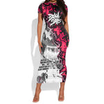 Hip Hop Graffiti Design Short Sleeve Bodycon Dress Sitting Hooded Figure and Red Black Street - African Pride