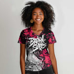 Hip Hop Graffiti Design Women V-Neck T-Shirt Sitting Hooded Figure and Red Black Street - African Pride