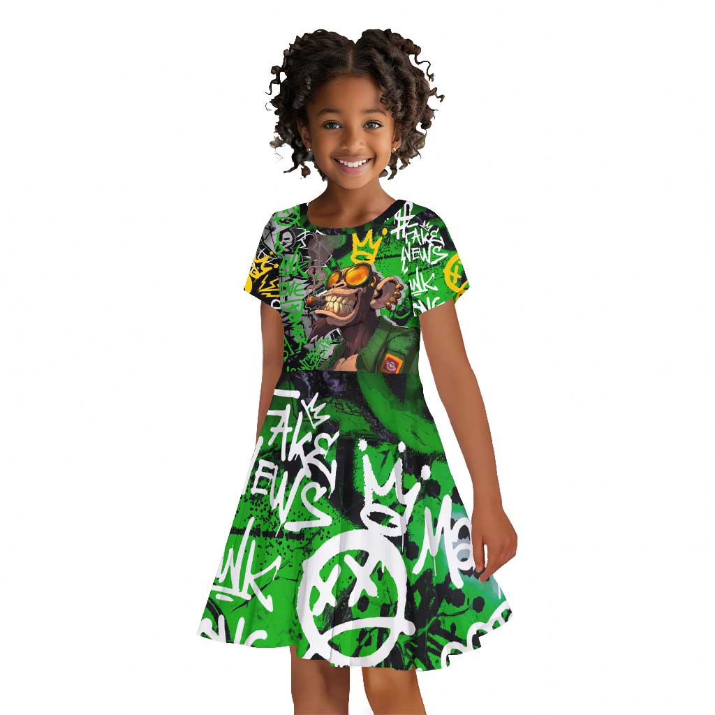 Graffiti Street Art Kid Short Sleeve Dress Smoking Ape Character and Neon Crown Symbols - African Pride