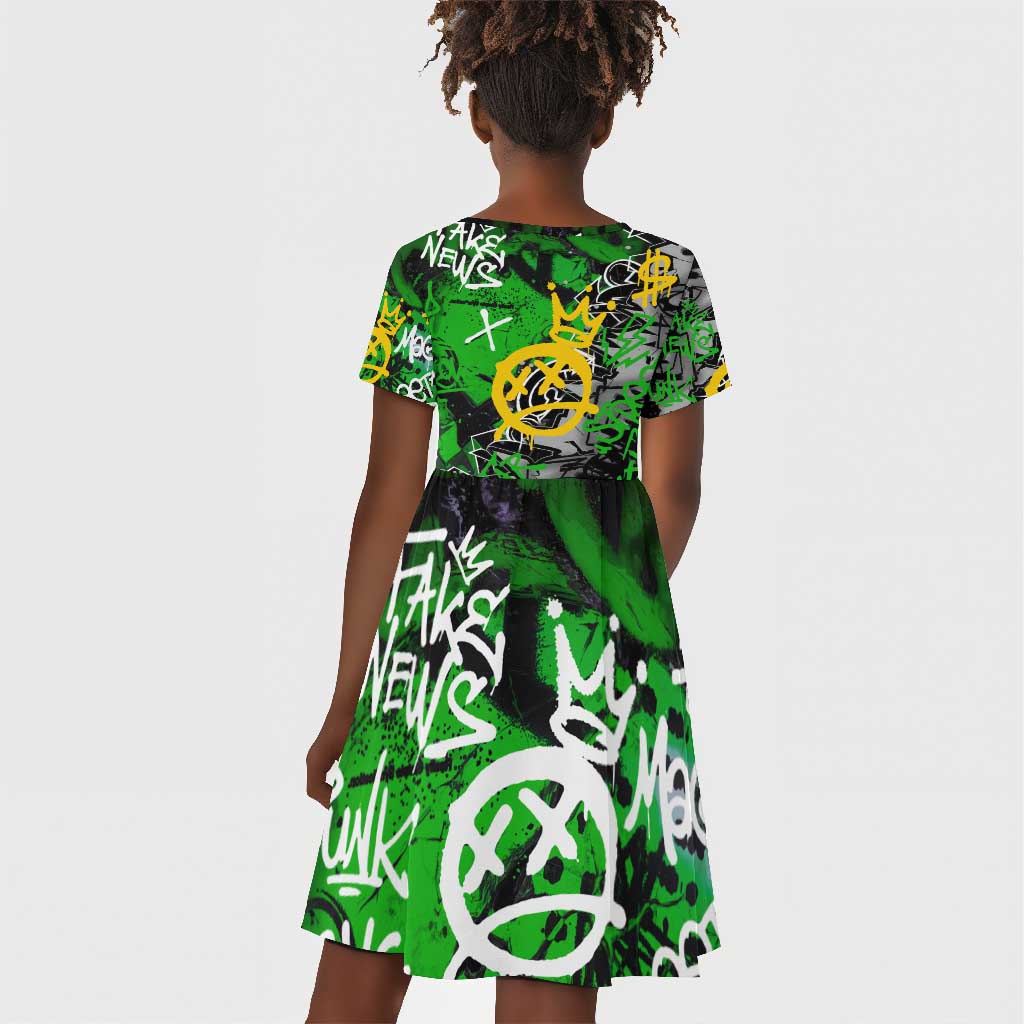 Graffiti Street Art Kid Short Sleeve Dress Smoking Ape Character and Neon Crown Symbols - African Pride