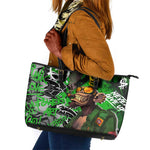 Graffiti Street Art Leather Tote Bag Smoking Ape Character and Neon Crown Symbols - African Pride