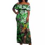 Graffiti Street Art Off Shoulder Maxi Dress Smoking Ape Character and Neon Crown Symbols - African Pride