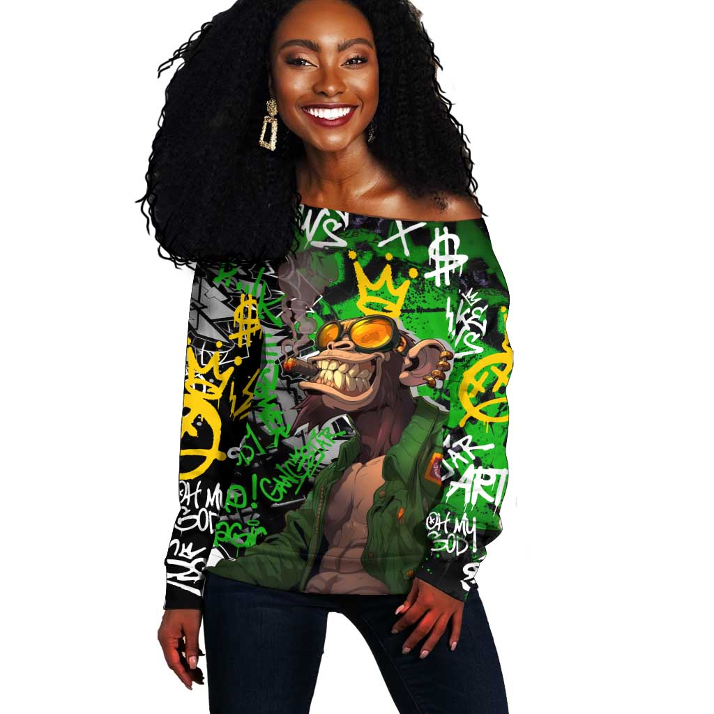 Graffiti Street Art Off Shoulder Sweater Smoking Ape Character and Neon Crown Symbols - African Pride