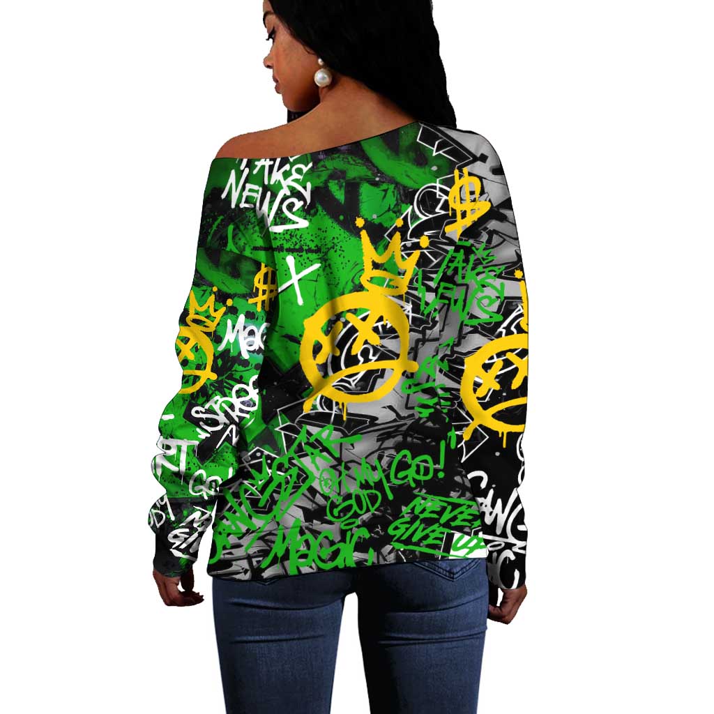 Graffiti Street Art Off Shoulder Sweater Smoking Ape Character and Neon Crown Symbols - African Pride