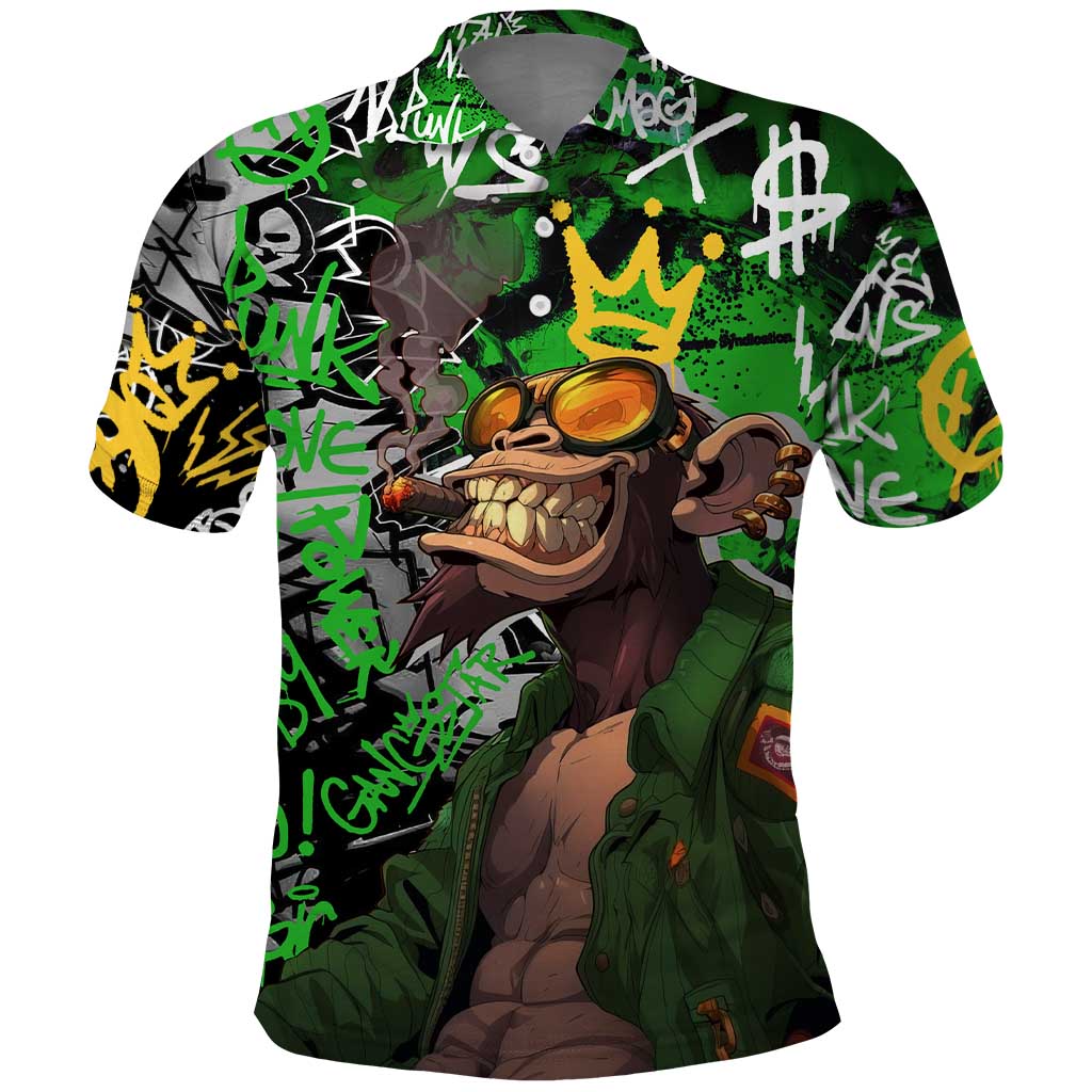 Graffiti Street Art Polo Shirt Smoking Ape Character and Neon Crown Symbols - African Pride