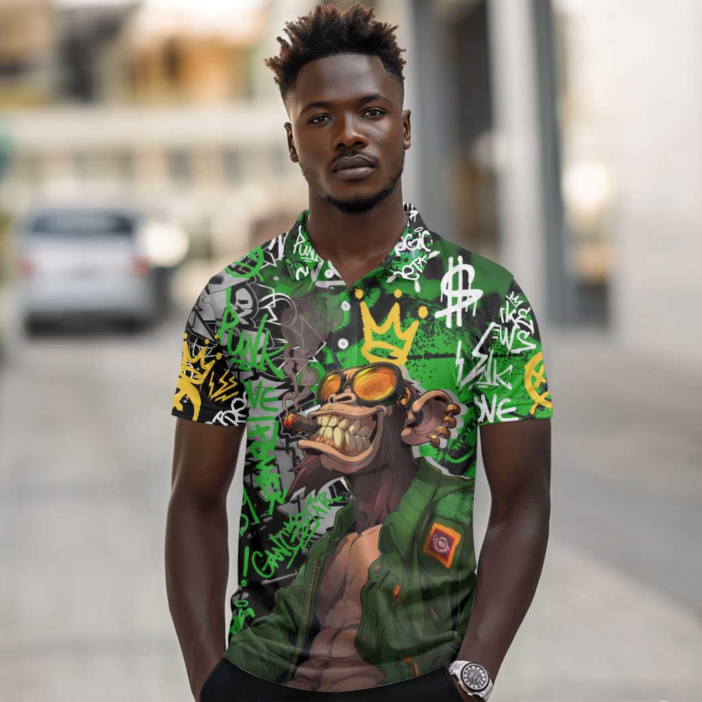 Graffiti Street Art Polo Shirt Smoking Ape Character and Neon Crown Symbols - African Pride