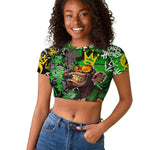 Graffiti Street Art Raglan Cropped T shirt Smoking Ape Character and Neon Crown Symbols - African Pride