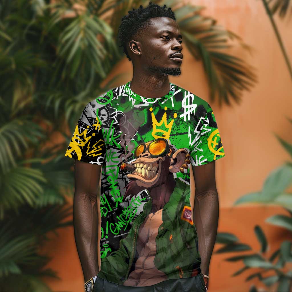 Graffiti Street Art T shirt Smoking Ape Character and Neon Crown Symbols - African Pride
