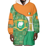 Ivory Coast Wearable Blanket Hoodie Elephant Crest and Tribal Pattern - African Pride