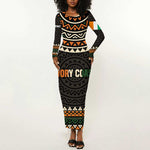 Ivory Coast African Pattern Long Sleeve Bodycon Dress Ethnic Geometric and National Motto - African Pride