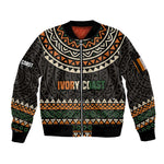 Ivory Coast African Pattern Sleeve Zip Bomber Jacket Ethnic Geometric and National Motto - African Pride