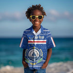 Cape Verde Christmas Kid Hawaiian Shirt Blue Festive Pattern Sailing Santa and National Emblem Motif - African Pride