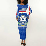Cape Verde Christmas Long Sleeve Bodycon Dress Blue Festive Pattern Sailing Santa and National Emblem Motif - African Pride
