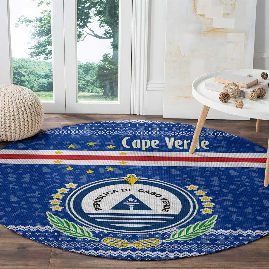 Cape Verde Christmas Round Carpet Blue Festive Pattern Sailing Santa and National Emblem Motif - African Pride