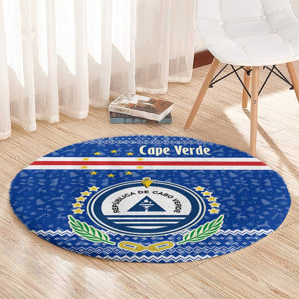 Cape Verde Christmas Round Carpet Blue Festive Pattern Sailing Santa and National Emblem Motif - African Pride
