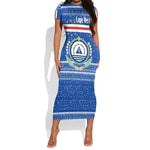 Cape Verde Christmas Short Sleeve Bodycon Dress Blue Festive Pattern Sailing Santa and National Emblem Motif - African Pride