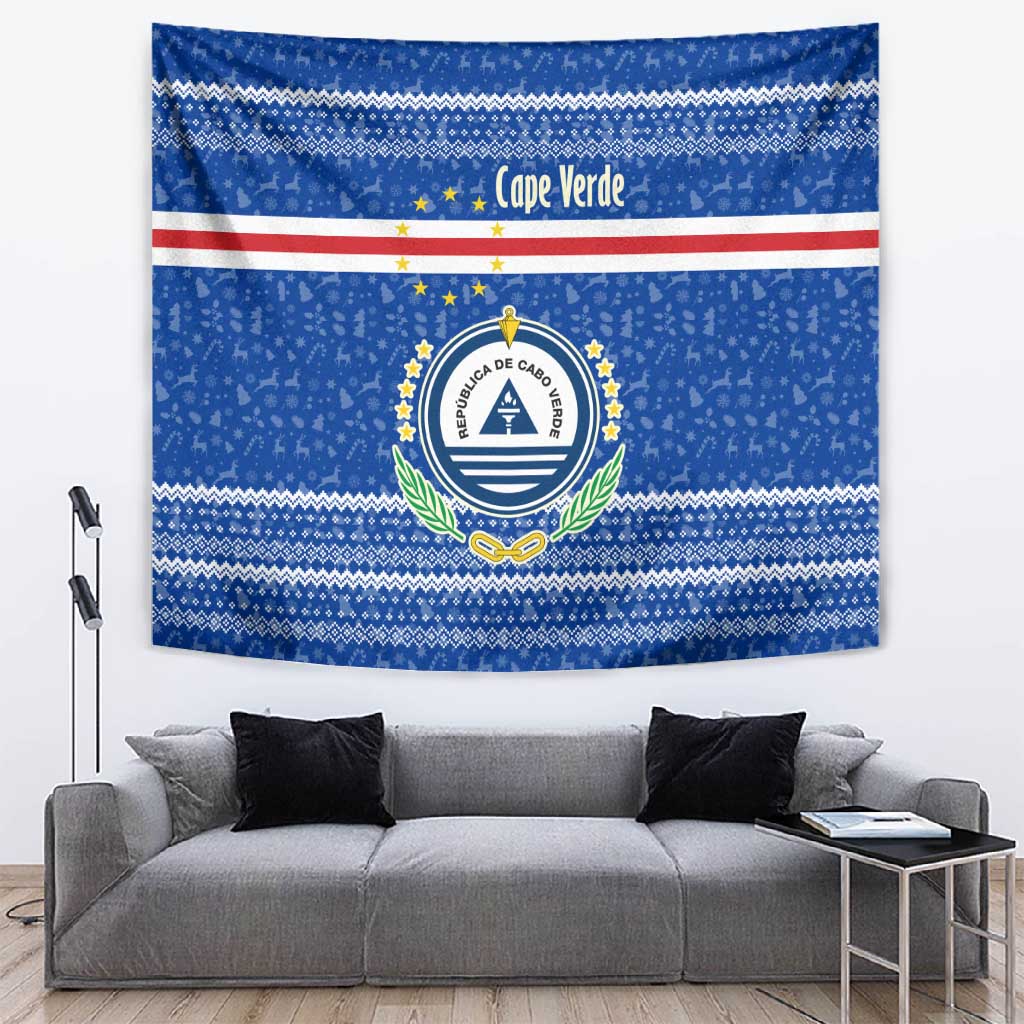 Cape Verde Christmas Tapestry Blue Festive Pattern Sailing Santa and National Emblem Motif - African Pride