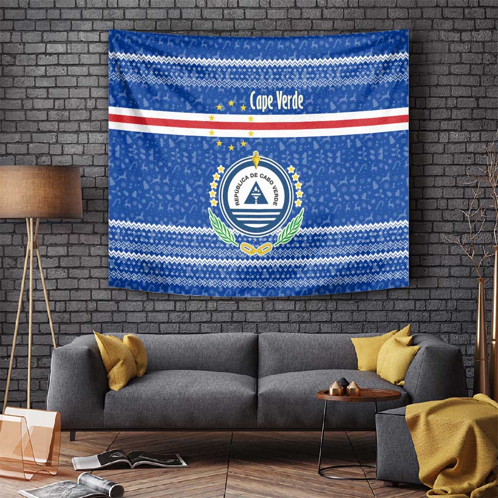 Cape Verde Christmas Tapestry Blue Festive Pattern Sailing Santa and National Emblem Motif - African Pride