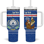 Cape Verde Christmas Tumbler With Handle Blue Festive Pattern Sailing Santa and National Emblem Motif - African Pride