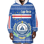 Cape Verde Christmas Wearable Blanket Hoodie Blue Festive Pattern Sailing Santa and National Emblem Motif - African Pride