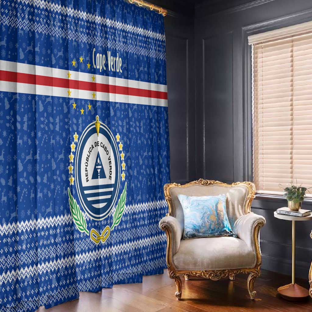 Cape Verde Christmas Window Curtain Blue Festive Pattern Sailing Santa and National Emblem Motif - African Pride