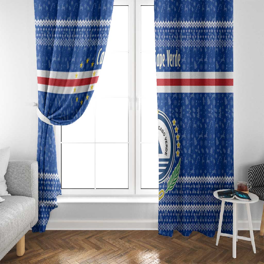 Cape Verde Christmas Window Curtain Blue Festive Pattern Sailing Santa and National Emblem Motif - African Pride