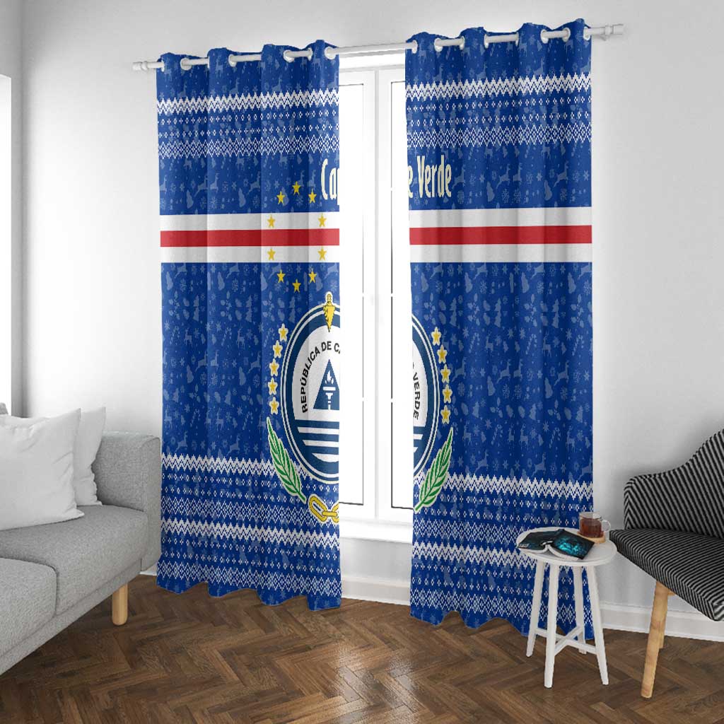 Cape Verde Christmas Window Curtain Blue Festive Pattern Sailing Santa and National Emblem Motif - African Pride
