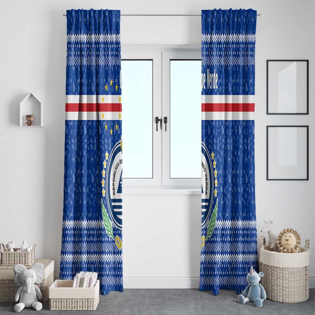 Cape Verde Christmas Window Curtain Blue Festive Pattern Sailing Santa and National Emblem Motif - African Pride