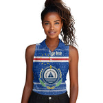 Cape Verde Christmas Women Sleeveless Polo Shirt Blue Festive Pattern Sailing Santa and National Emblem Motif - African Pride