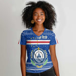 Cape Verde Christmas Women V-Neck T-Shirt Blue Festive Pattern Sailing Santa and National Emblem Motif - African Pride