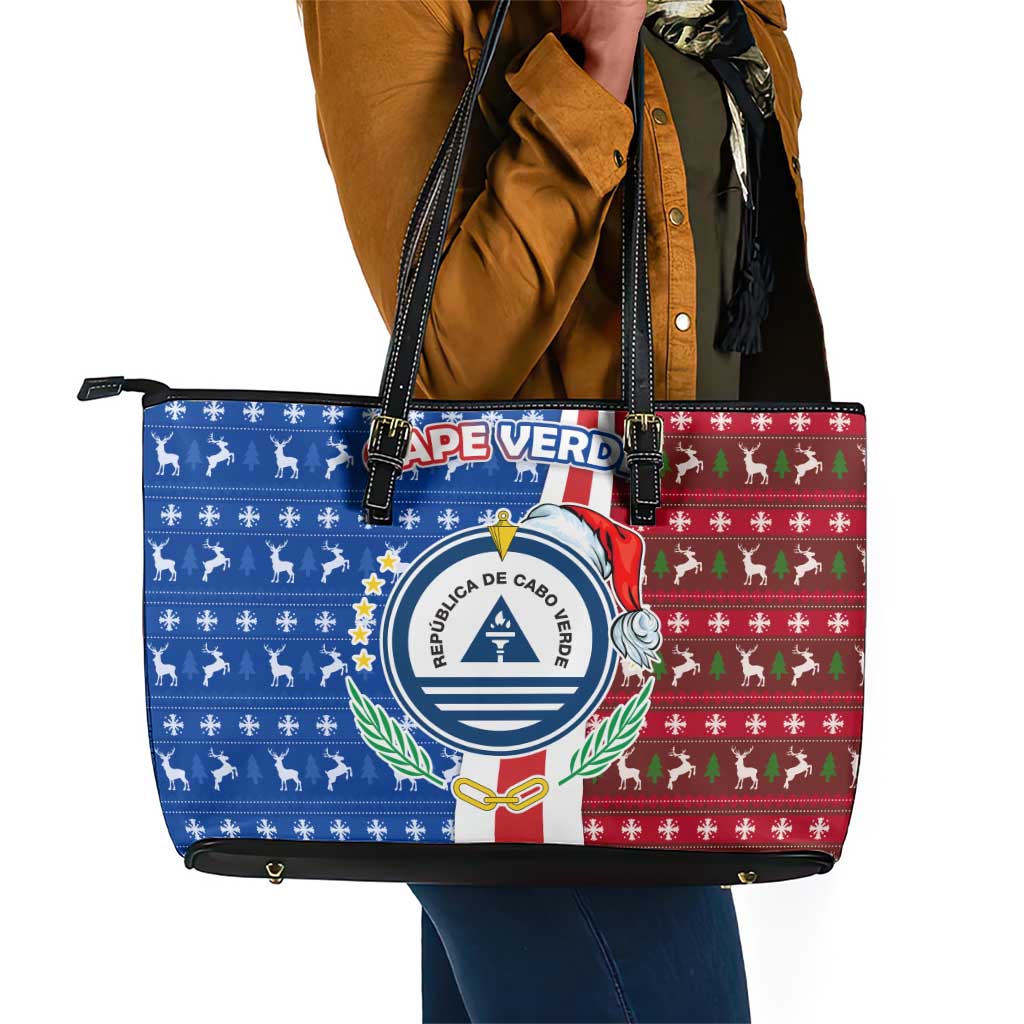 Cape Verde Christmas Leather Tote Bag Festive Pattern Christmas Tree and National Emblem Motif - African Pride