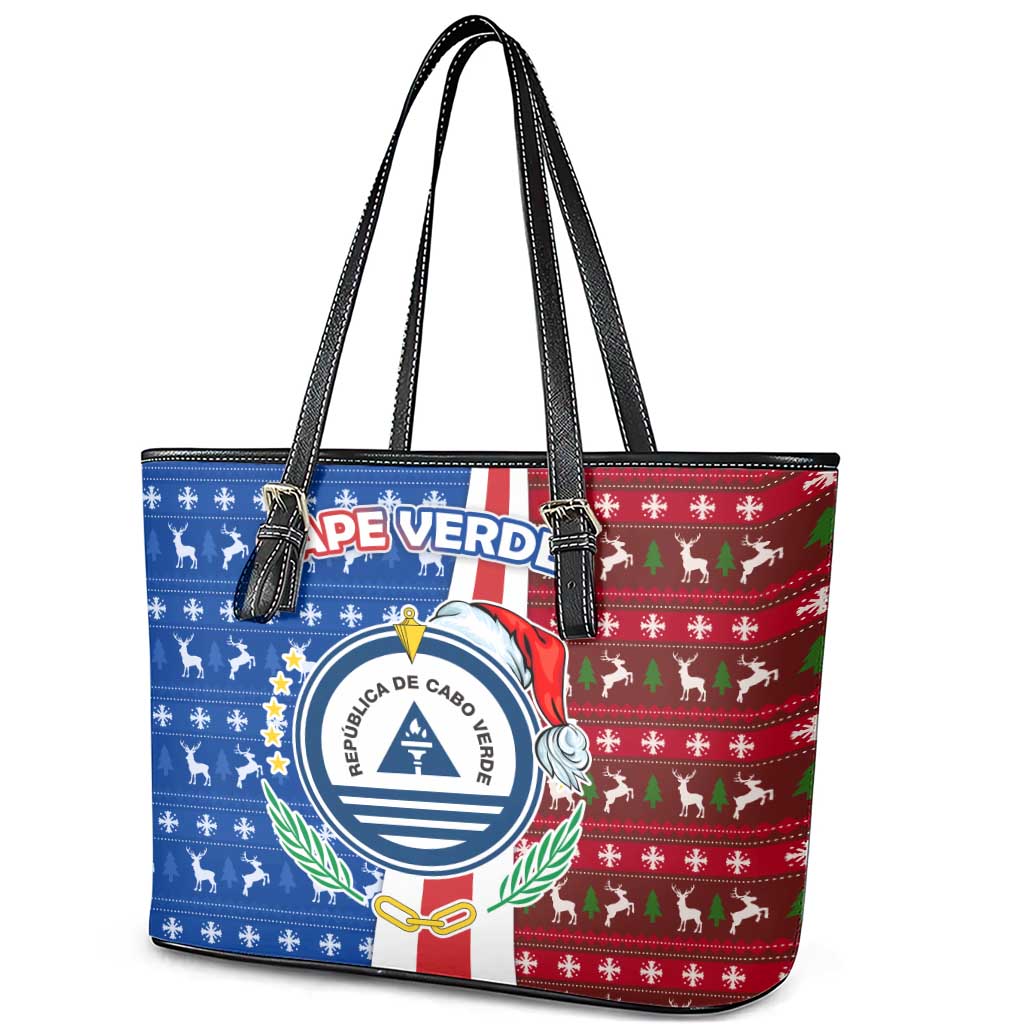 Cape Verde Christmas Leather Tote Bag Festive Pattern Christmas Tree and National Emblem Motif - African Pride