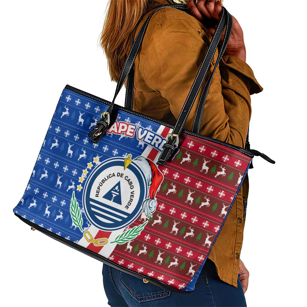 Cape Verde Christmas Leather Tote Bag Festive Pattern Christmas Tree and National Emblem Motif - African Pride