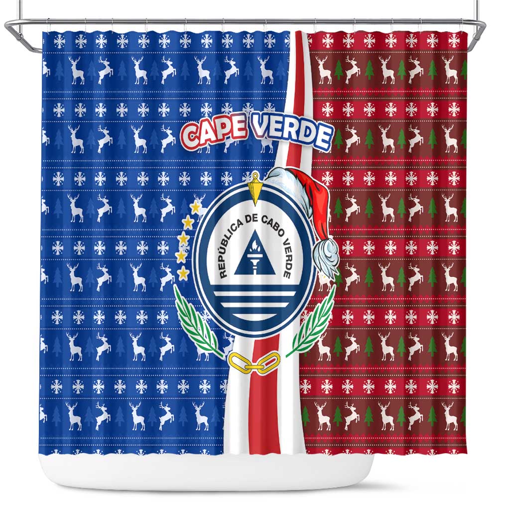 Cape Verde Christmas Shower Curtain Festive Pattern Christmas Tree and National Emblem Motif - African Pride