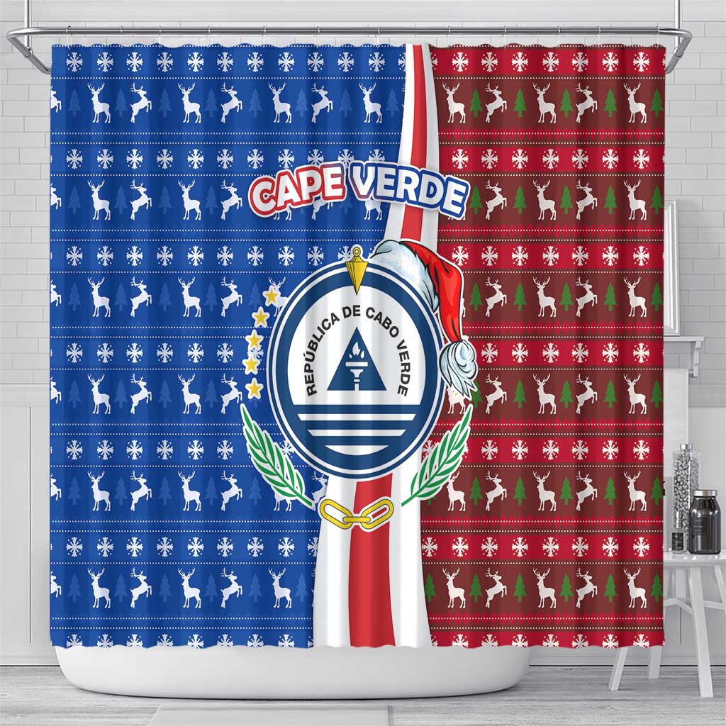 Cape Verde Christmas Shower Curtain Festive Pattern Christmas Tree and National Emblem Motif - African Pride