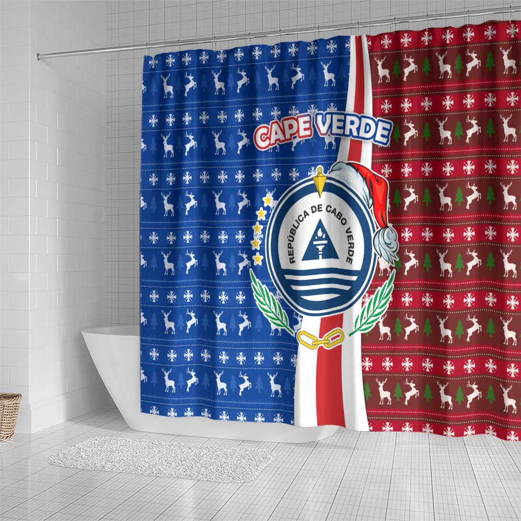 Cape Verde Christmas Shower Curtain Festive Pattern Christmas Tree and National Emblem Motif - African Pride