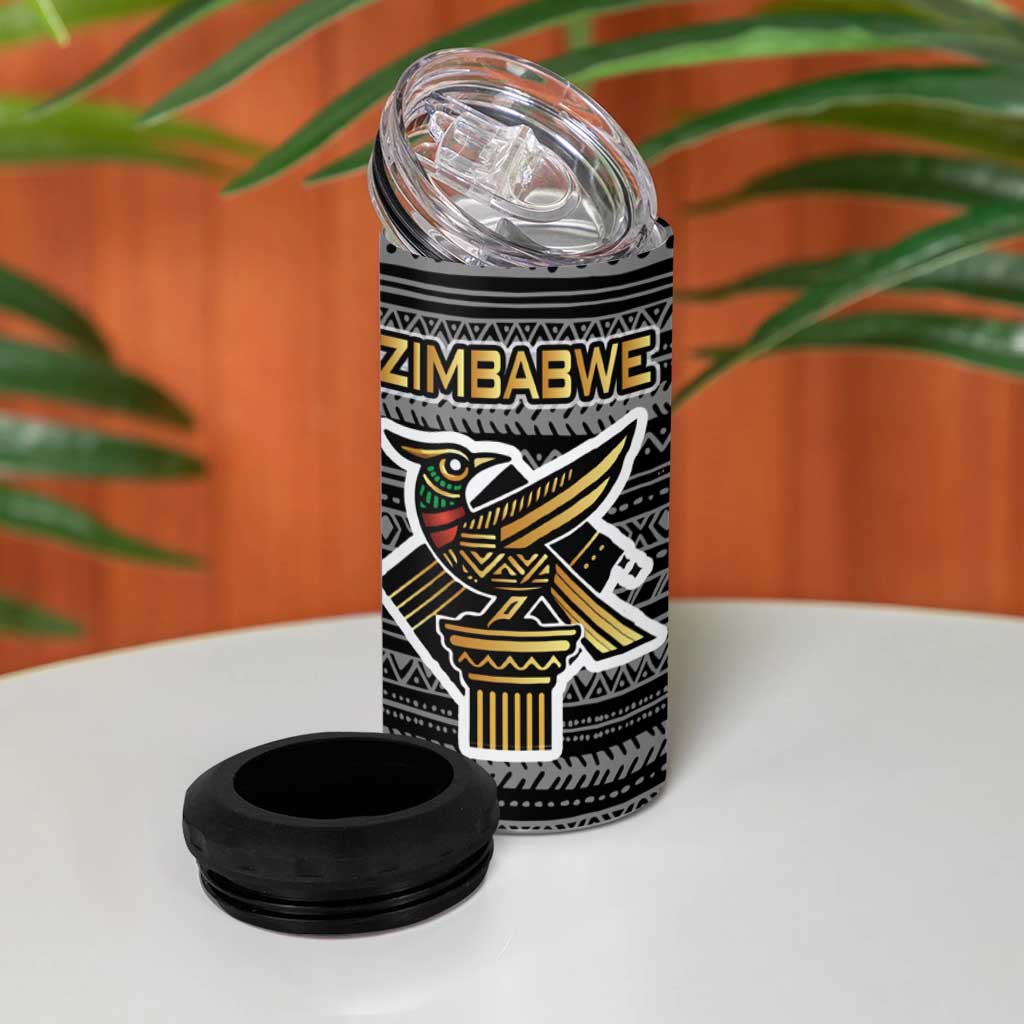 Zimbabwean Bird Statue 4 in 1 Can Cooler Tumbler Tribal Pattern Flag Patch and Heritage Symbol