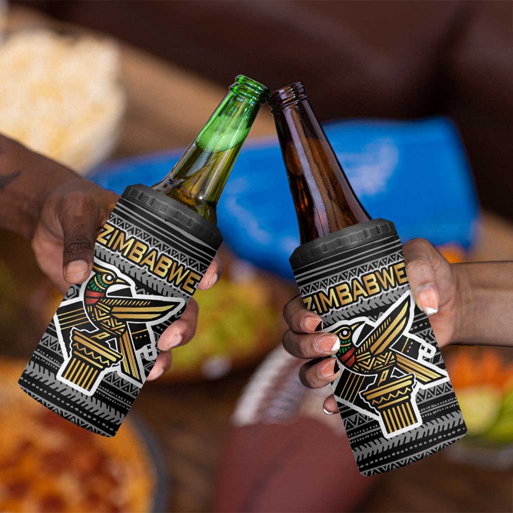 Zimbabwean Bird Statue 4 in 1 Can Cooler Tumbler Tribal Pattern Flag Patch and Heritage Symbol