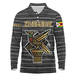 Zimbabwean Bird Statue Long Sleeve Polo Shirt Tribal Pattern Flag Patch and Heritage Symbol