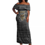Zimbabwean Bird Statue Off Shoulder Maxi Dress Tribal Pattern Flag Patch and Heritage Symbol