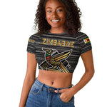 Zimbabwean Bird Statue Raglan Cropped T shirt Tribal Pattern Flag Patch and Heritage Symbol