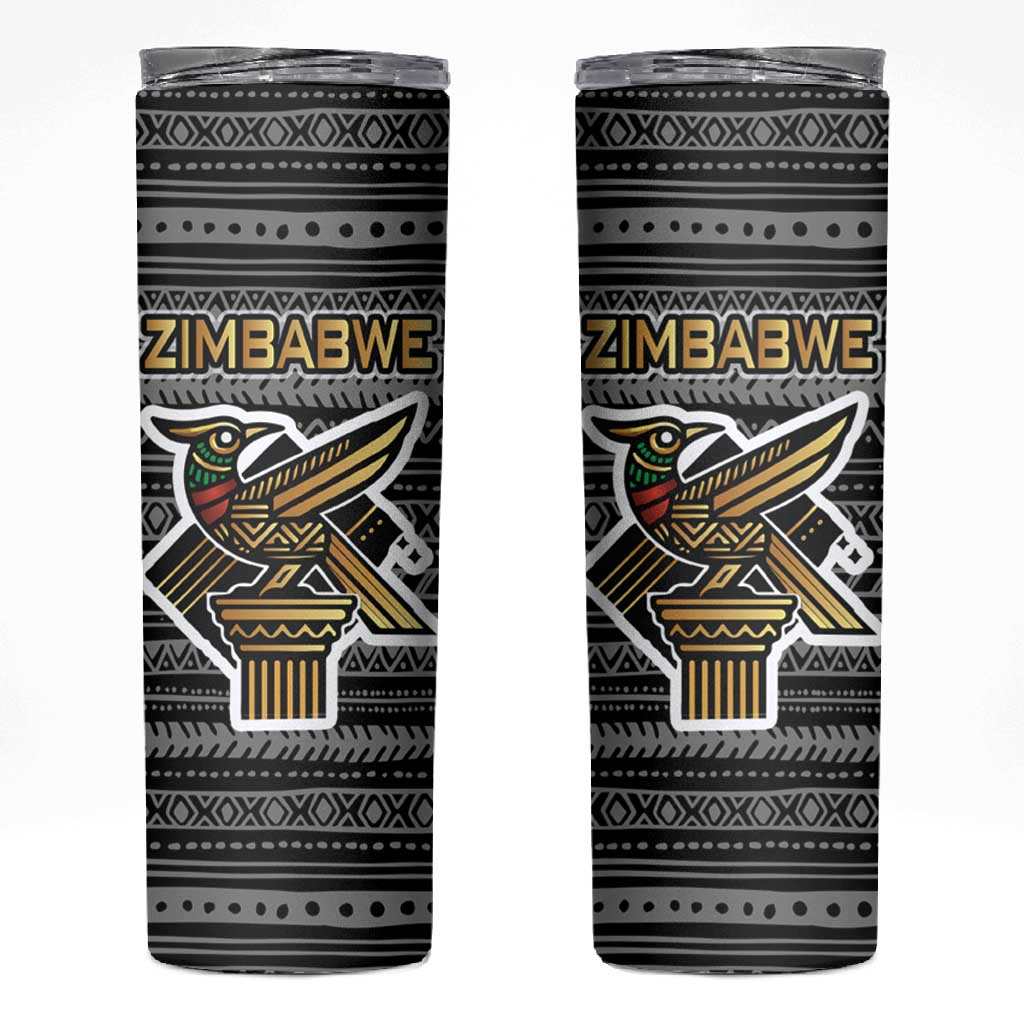 Zimbabwean Bird Statue Skinny Tumbler Tribal Pattern Flag Patch and Heritage Symbol