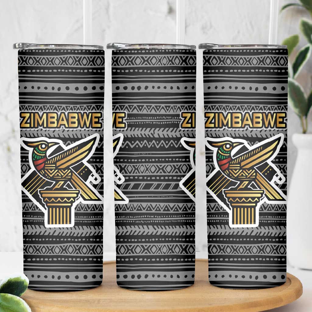 Zimbabwean Bird Statue Skinny Tumbler Tribal Pattern Flag Patch and Heritage Symbol