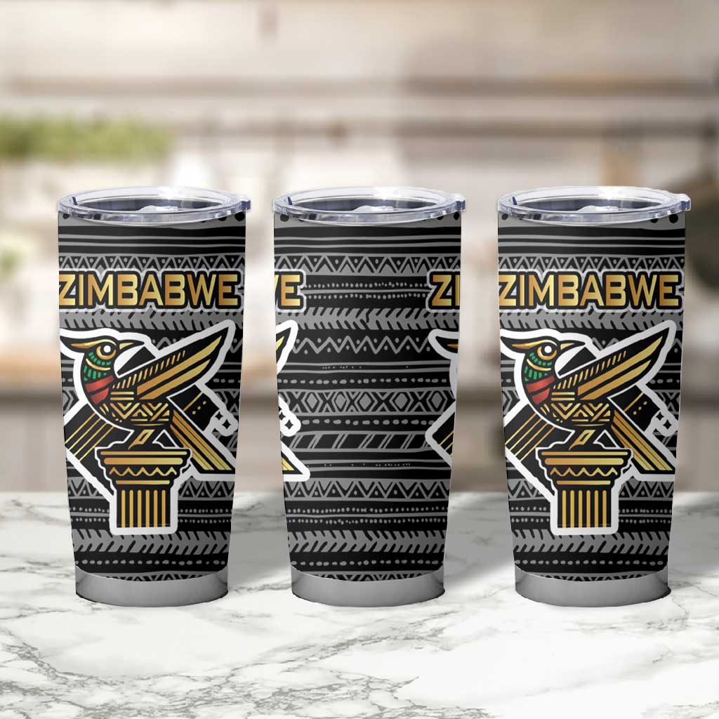 Zimbabwean Bird Statue Tumbler Cup Tribal Pattern Flag Patch and Heritage Symbol