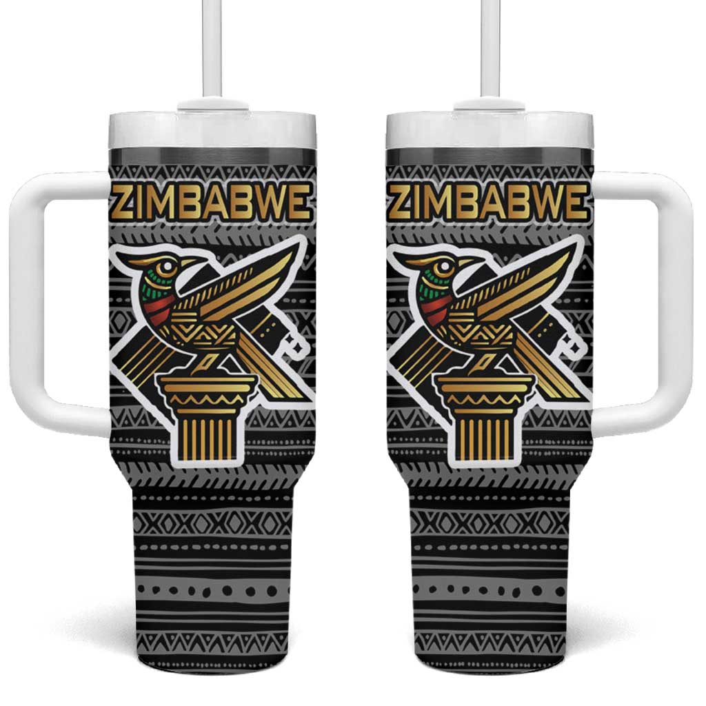 Zimbabwean Bird Statue Tumbler With Handle Tribal Pattern Flag Patch and Heritage Symbol