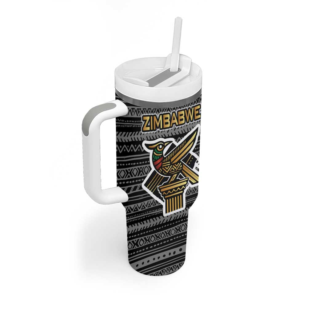 Zimbabwean Bird Statue Tumbler With Handle Tribal Pattern Flag Patch and Heritage Symbol